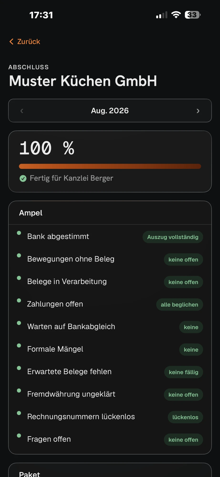 CynTax-App: Monatsabschluss August zu 100 Prozent fertig für die Kanzlei, alle Prüfpunkte grün