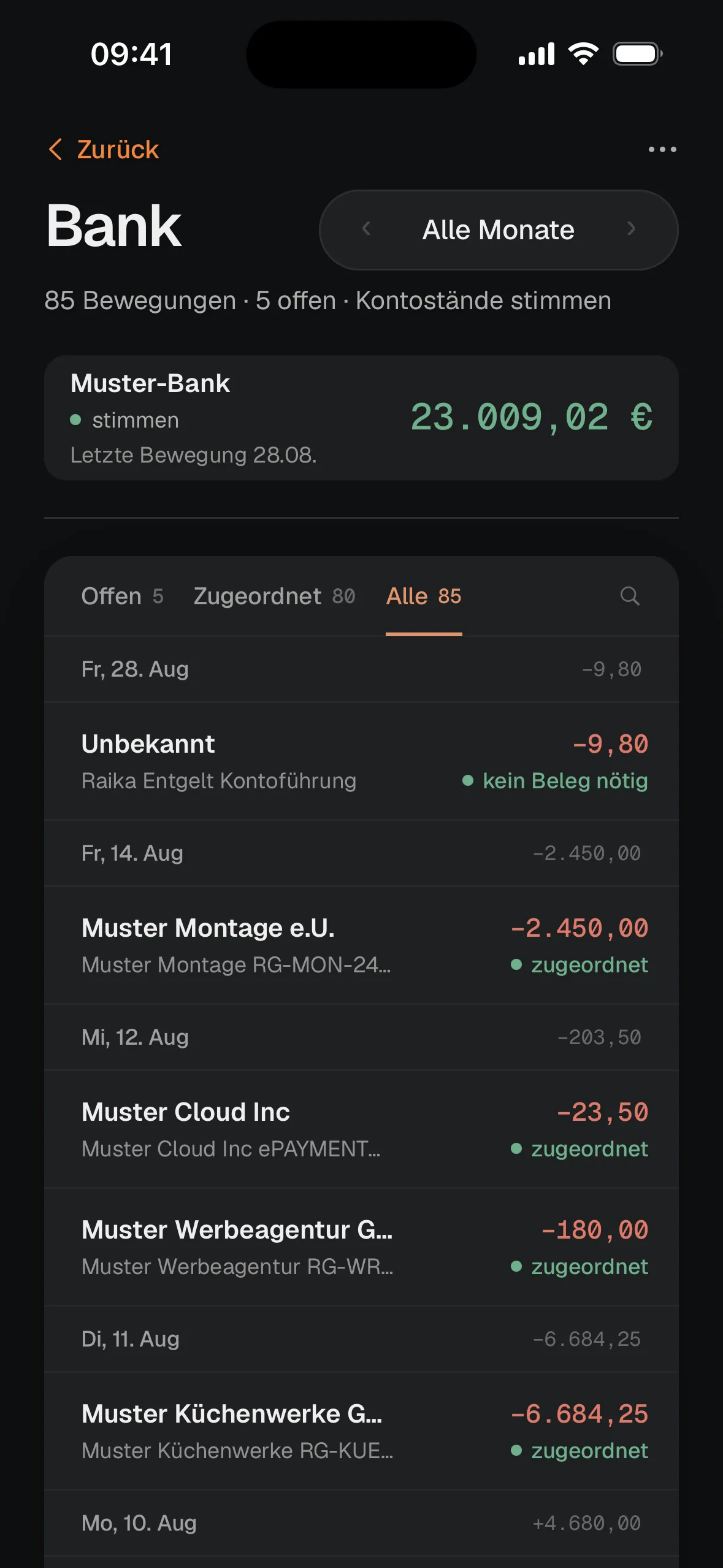 CynTax-App: Bankkonto mit Kontostand, Bewegungen und dem zugeordneten Beleg je Zahlung