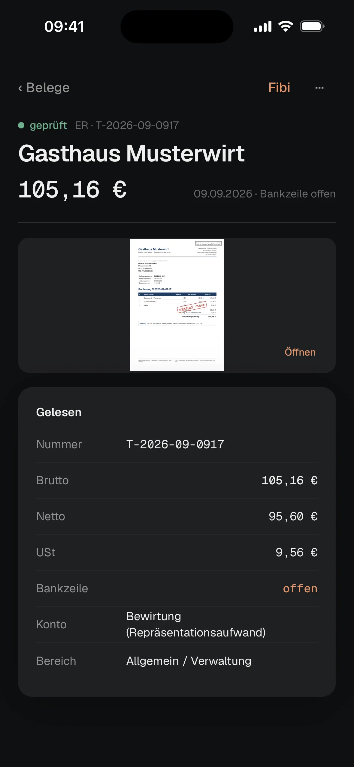 CynTax-App: geprüfter Beleg „Gasthaus Musterwirt“ mit Vorschau und den gelesenen Angaben wie Betrag, Umsatzsteuer und Konto