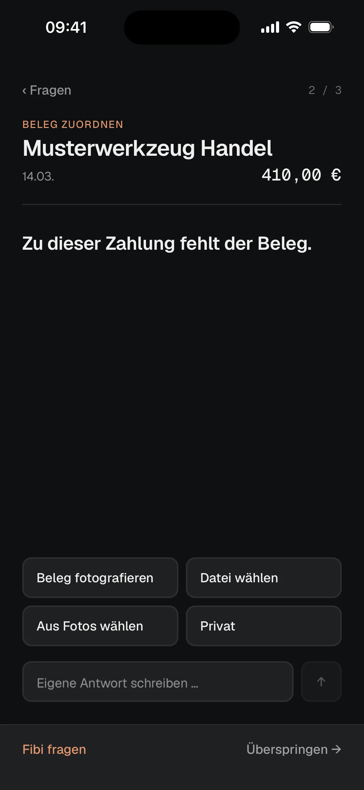 CynTax-App: zu einer Zahlung fehlt der Beleg — Antwort mit einem Tipp, etwa „Beleg fotografieren“ oder „Privat“